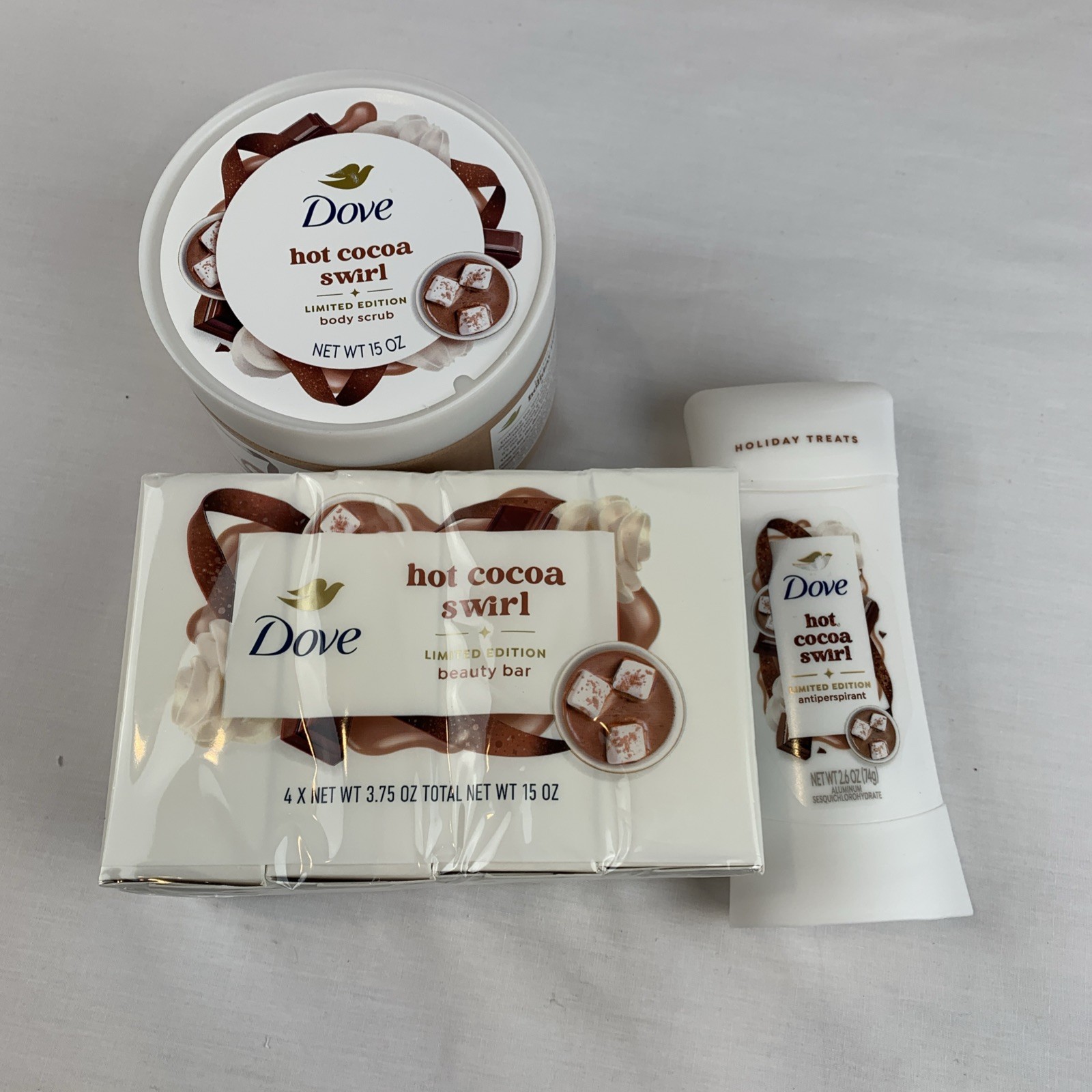 NIP Hot Cocoa Swirl Dove Body Scrub Beaty Bar Antiperspirant Bundle NIP Hot Cocoa Swirl Dove Body Scrub Beaty Bar Antiperspirant Bundle