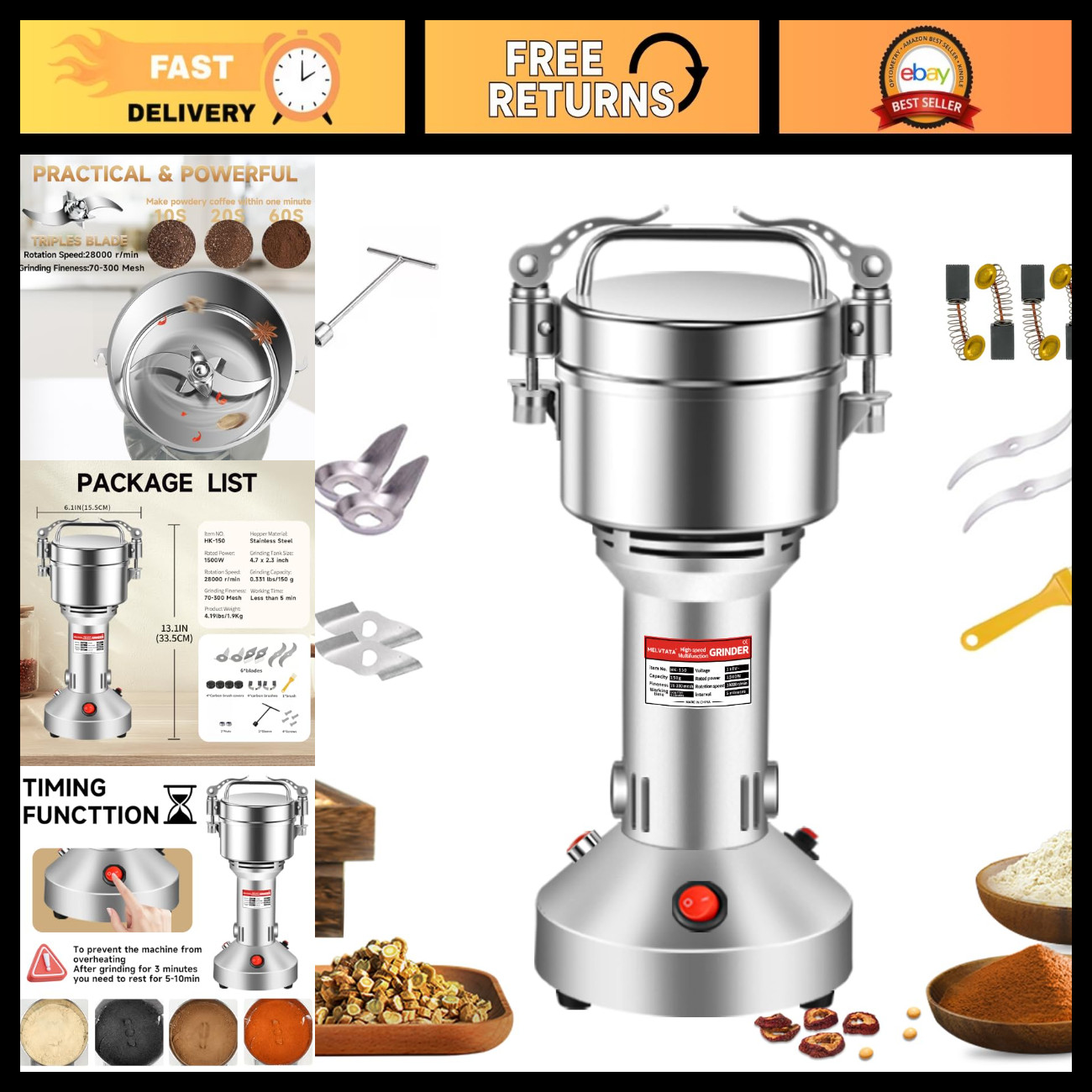 High-Speed Electric Grain Mill Grinder for Flour, Corn, and Spices - Adjustable High-Speed Electric Grain Mill Grinder for Flour, Corn, and Spices - Adjustable