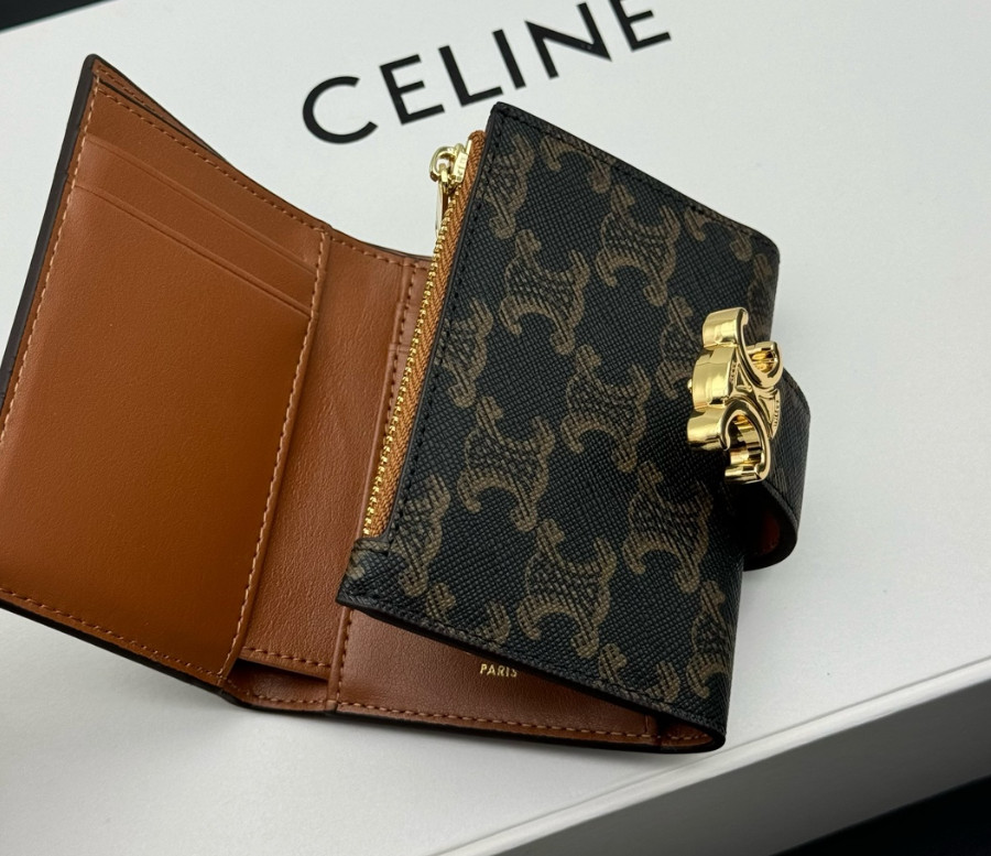 Celine Triomphe Victoire Small Wallet Black Canvas Leather Gold Real Photos