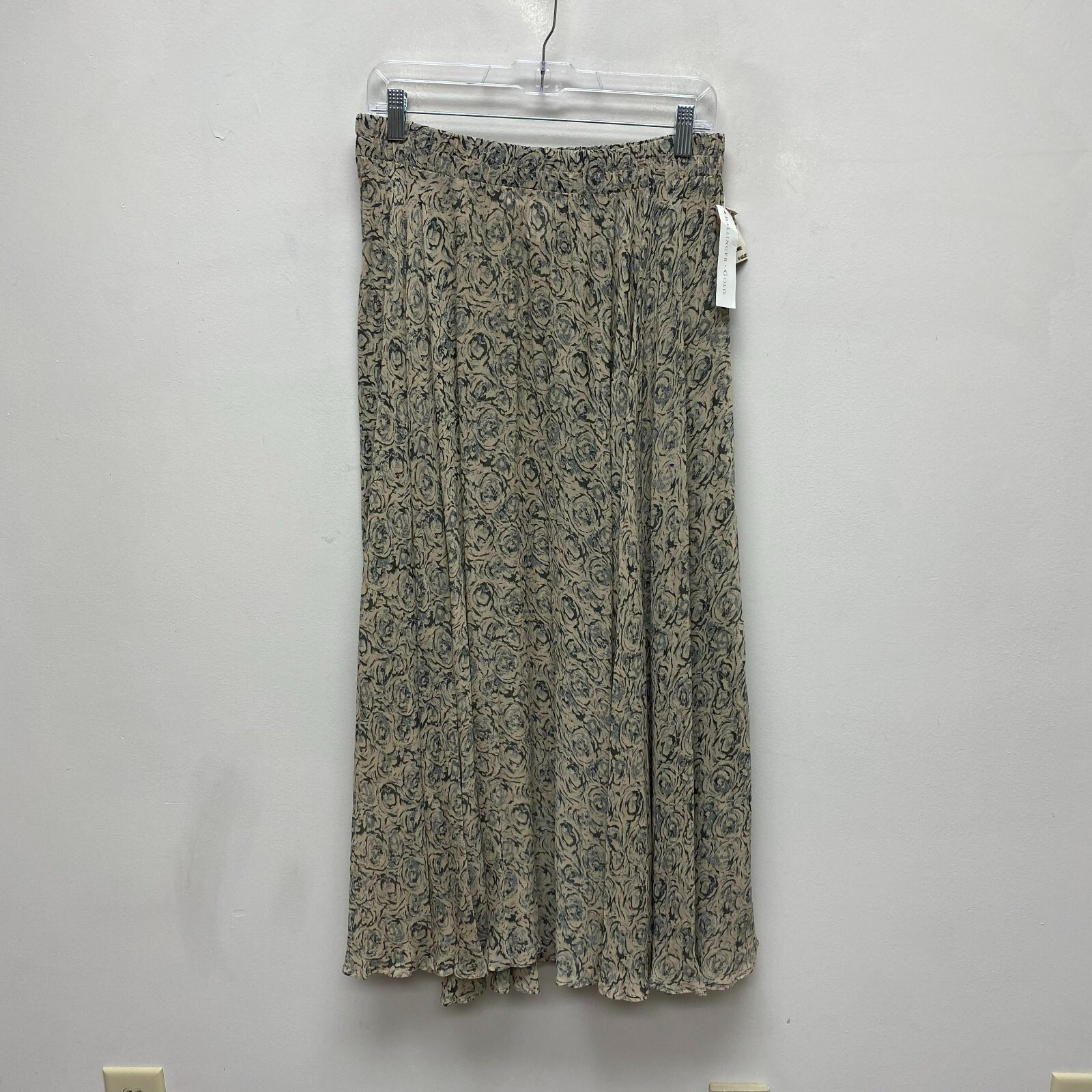 VTG Ballinger Gold Tan Black Printed Elastic Waist Pull On Flare Maxi Skirt L