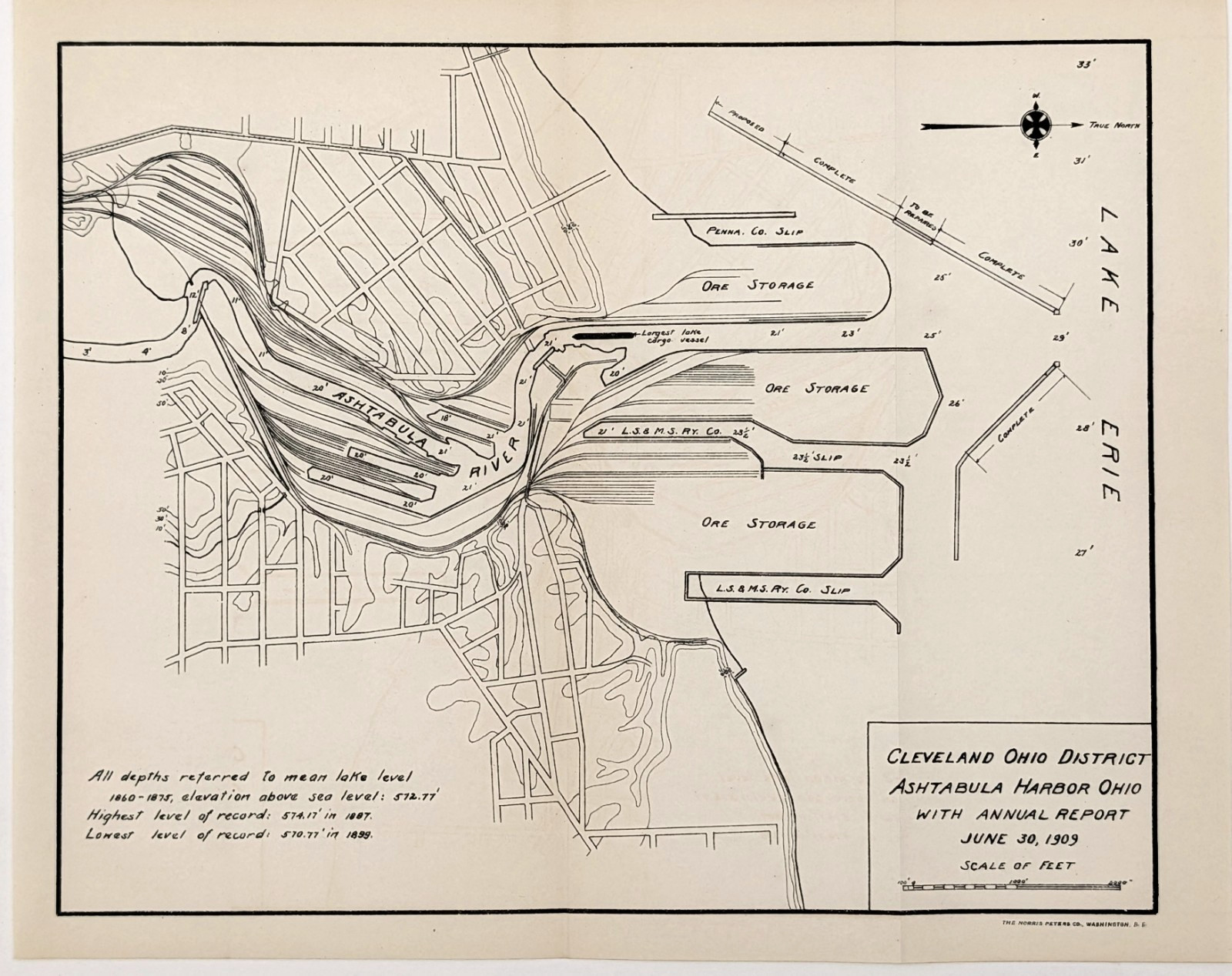 1909 ASHTABULA Harbor - OHIO Map Lake Erie Railroads - Army Corps Engineers
