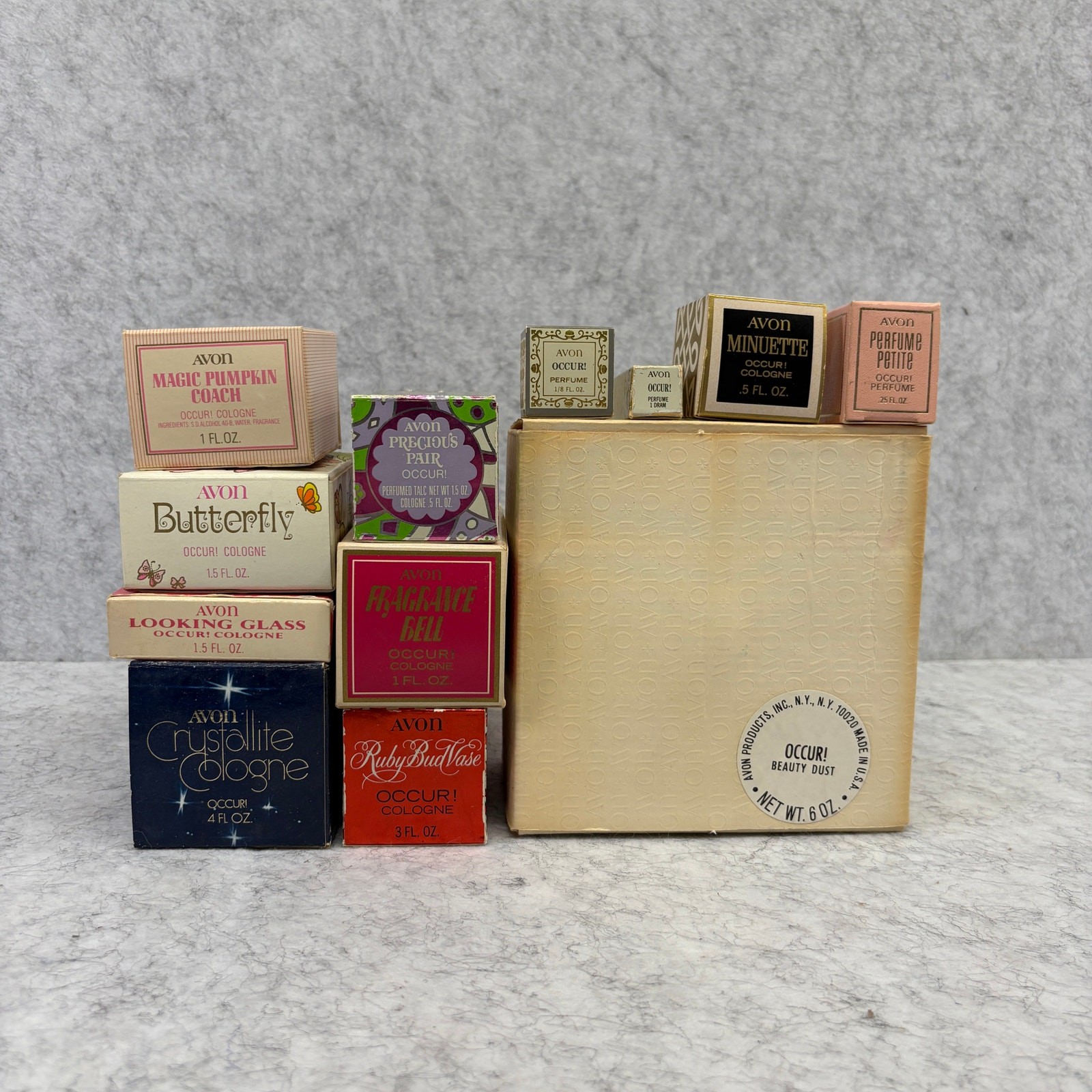 Vintage Avon Occur Fragrance Collection Lot 12pc Beauty Dust Pumpkin Coach Boxed