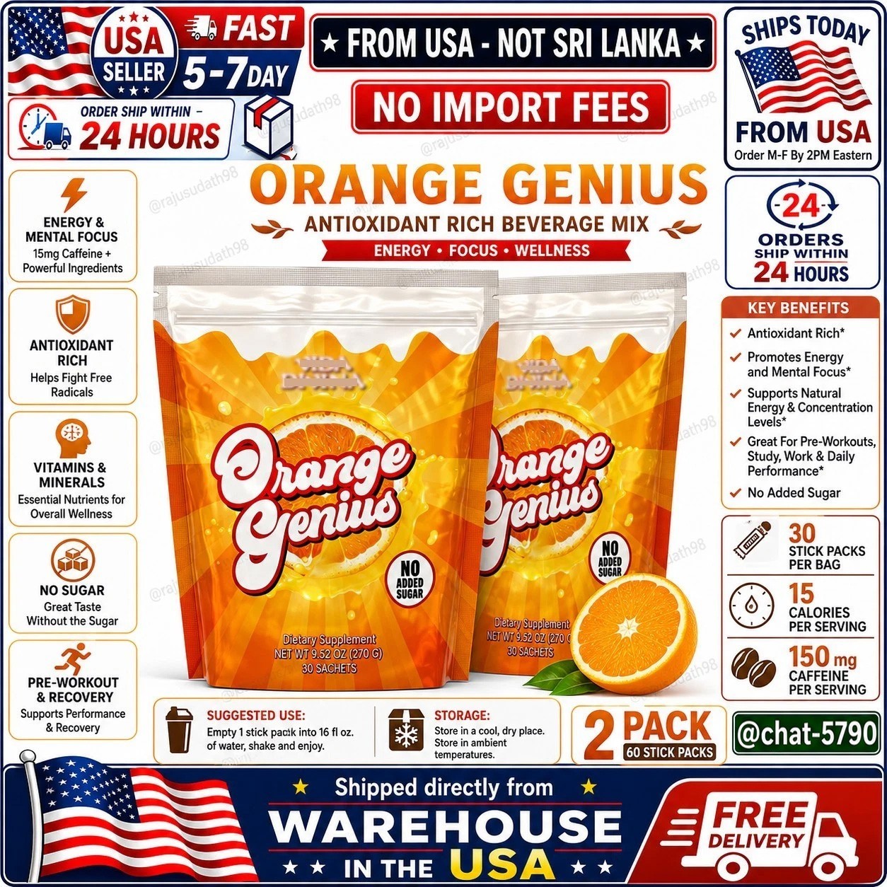 Orange Genius Energy Focus Drink 60 Stick Packs total / 2 Pack NEW🚚From USA🚚