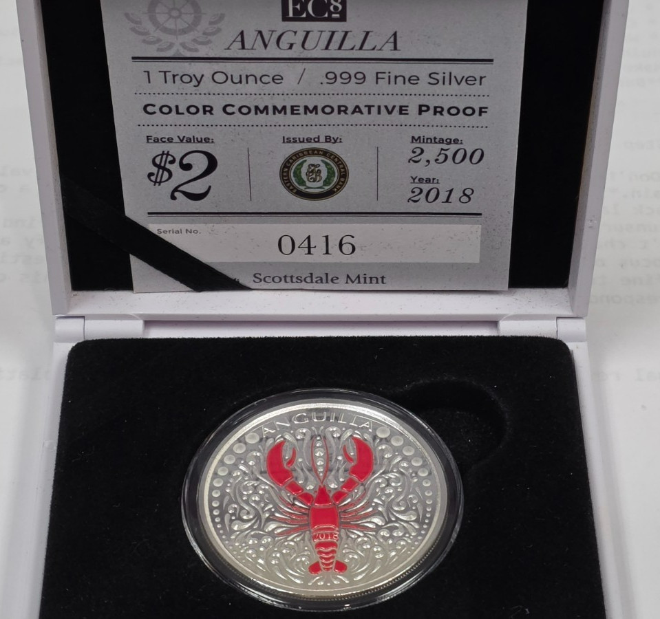 2018 EC8 Anguilla $2 Lobster 1 oz .999 Fine Silver Proof (Colored) w/ OGP & COA