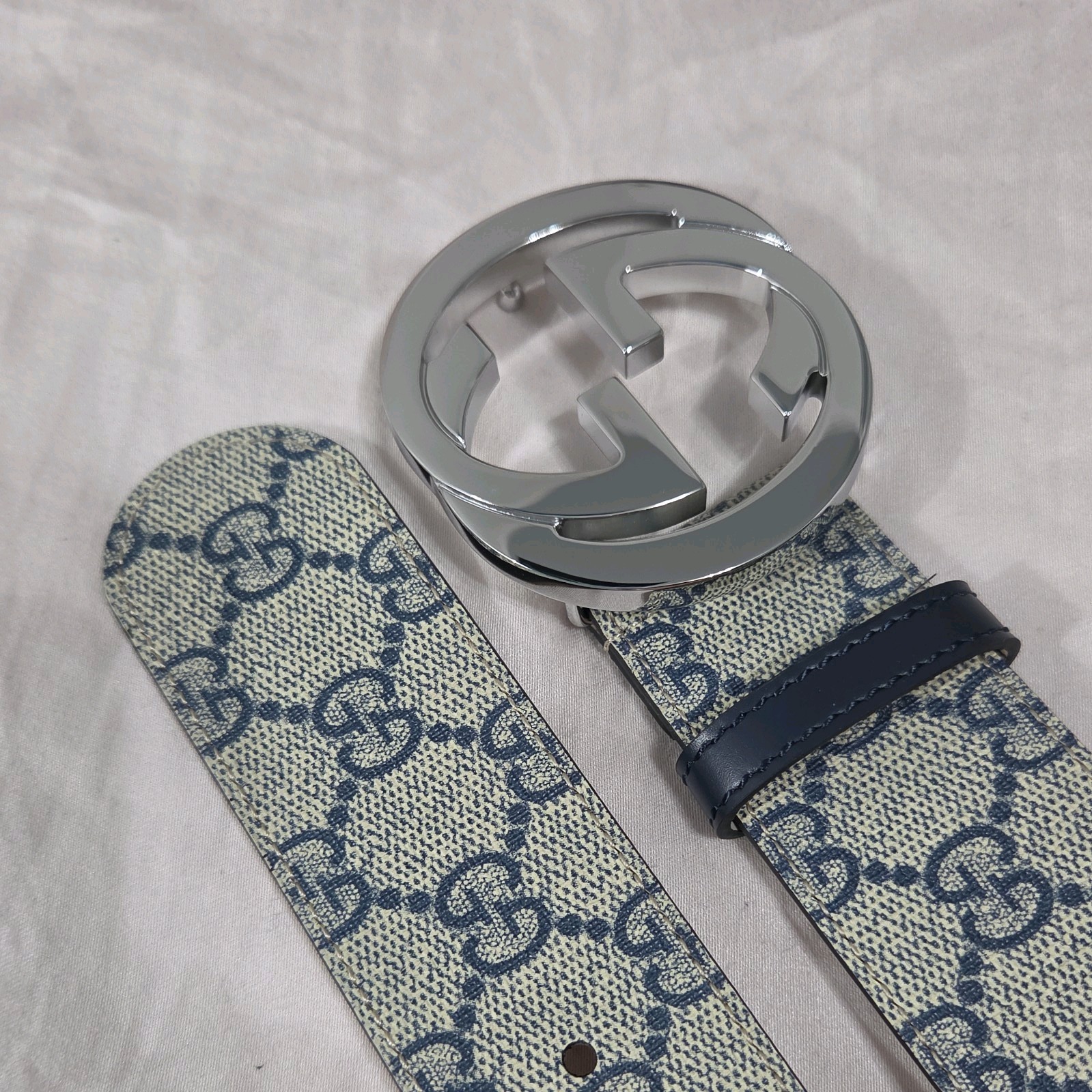 Authentic Gucci Monogram Blue Beige GG Belt Silver Buckle 34-36 IT 100CM