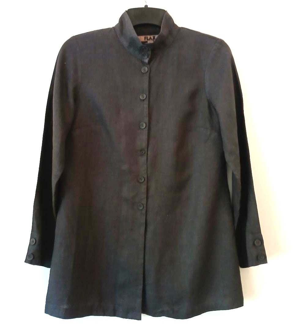FLAX  Linen Tunic Shirt PETITE Long Sleeve Charcoal Gray Buttons Band Collar NEW