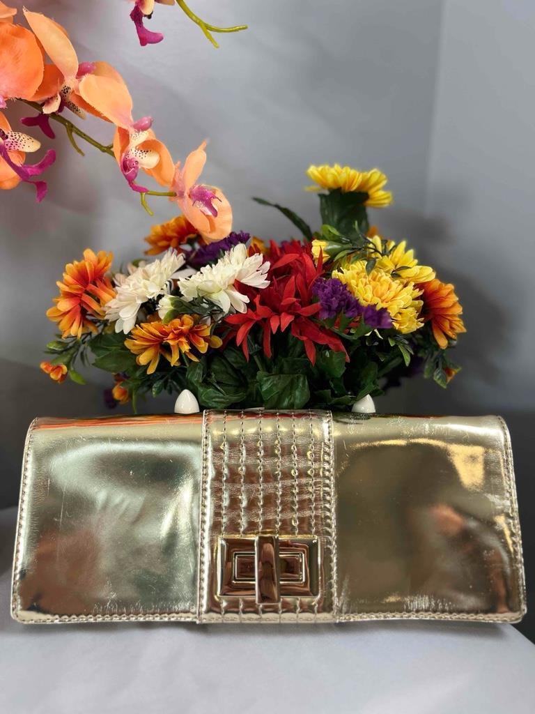 KOOBA Metallic Shiny Gold Smooth Leather Turnlock Clutch (NO Long Strap)