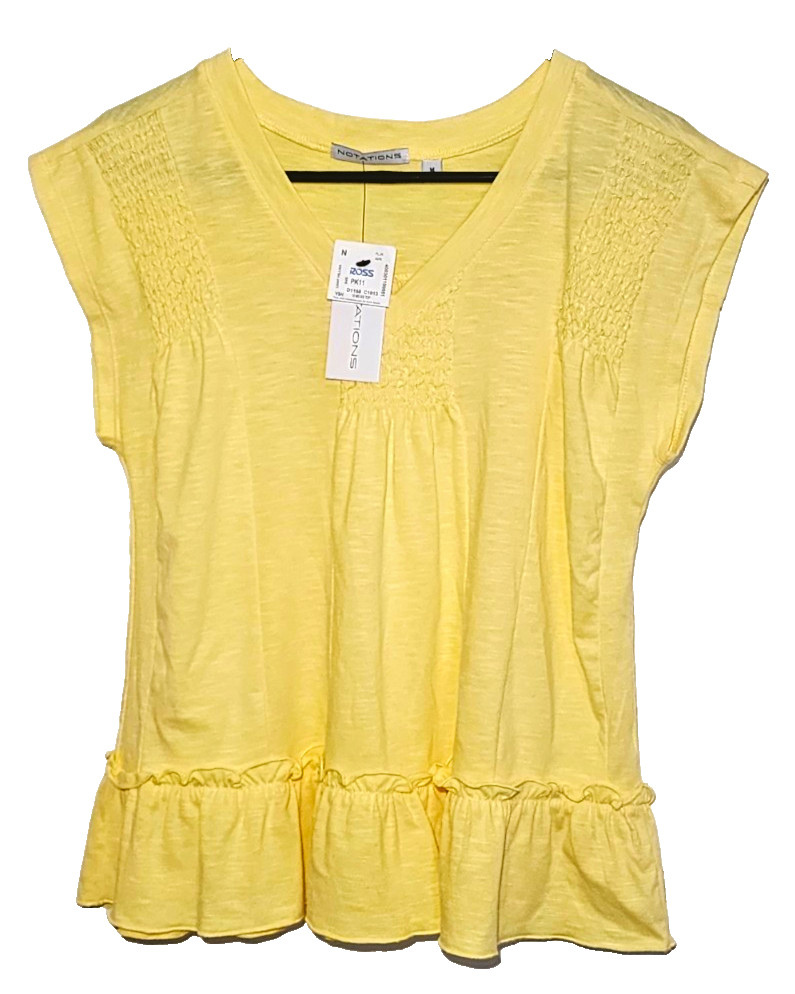 Notations Women\'s Yellow V-Neck Knit Smocked Ruffle Hem Cap Sleeve Top M