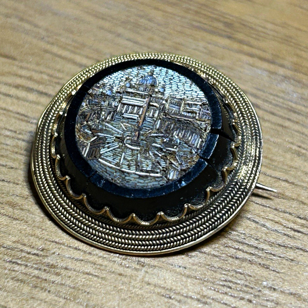 Antique 1890s Victorian 14k Gold St Peter’s Square Italian Micro-Mosaic Brooch