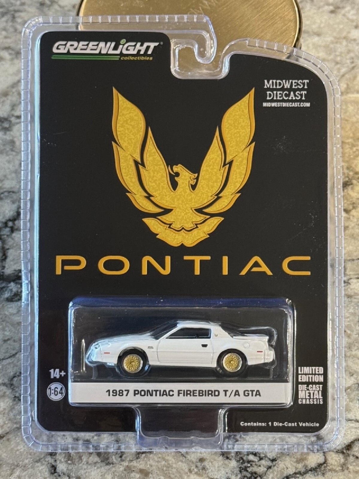Greenlight White 1987 Pontiac Firebird GTA 1/64 Gold Wheels Midwest Exclusive Greenlight White 1987 Pontiac Firebird GTA 1/64 Gold Wheels Midwest Exclusive