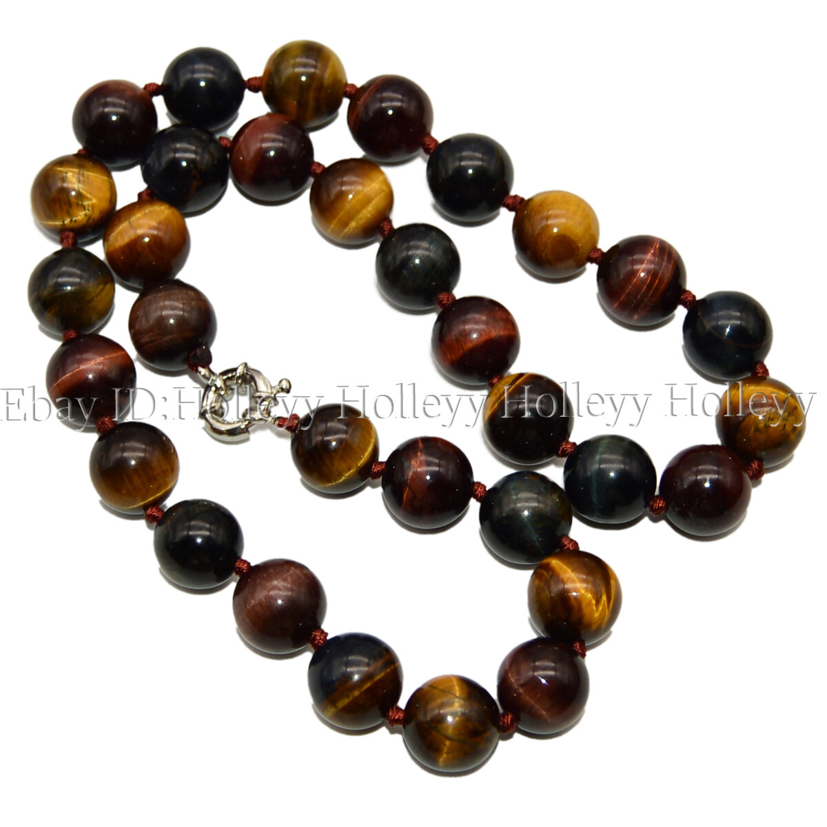 12mm Round Genuine Natural Multicolor Tiger's Eye Gemstone Beaded Necklace 24''