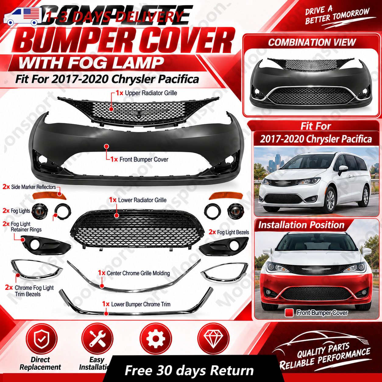 New Complete Front Bumper Cover with Fog Lamp Fits 2017-2020 Chrysler Pacifica