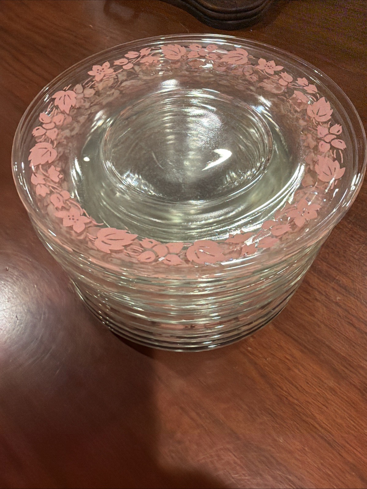 Vintage Dominion Glass Pink Floral Dessert Plates Clear Glass Set of 14 MCM