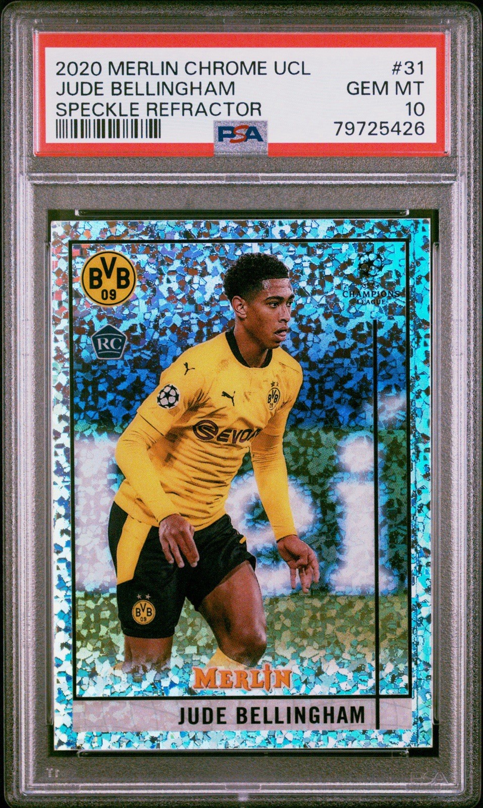 Jude Bellingham RookieTopps 2020-21 Merlin Chrome UCL #31 Speckle /150 RC PSA 10 Jude Bellingham RookieTopps 2020-21 Merlin Chrome UCL #31 Speckle /150 RC PSA 10