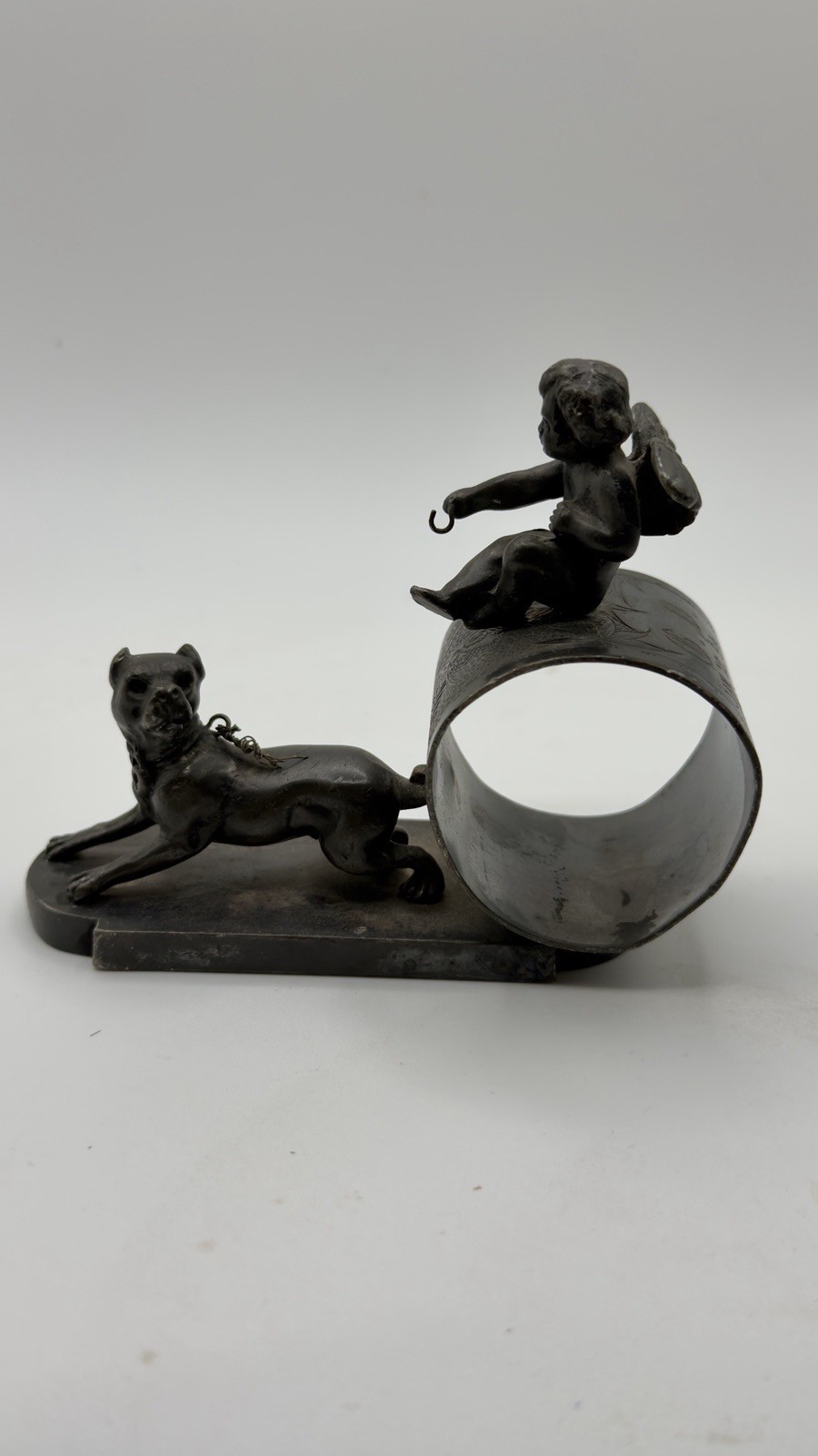 Antique James W Tufts Silver Figural Napkin Ring Cherub Dog Leash 1543 Jan 1894
