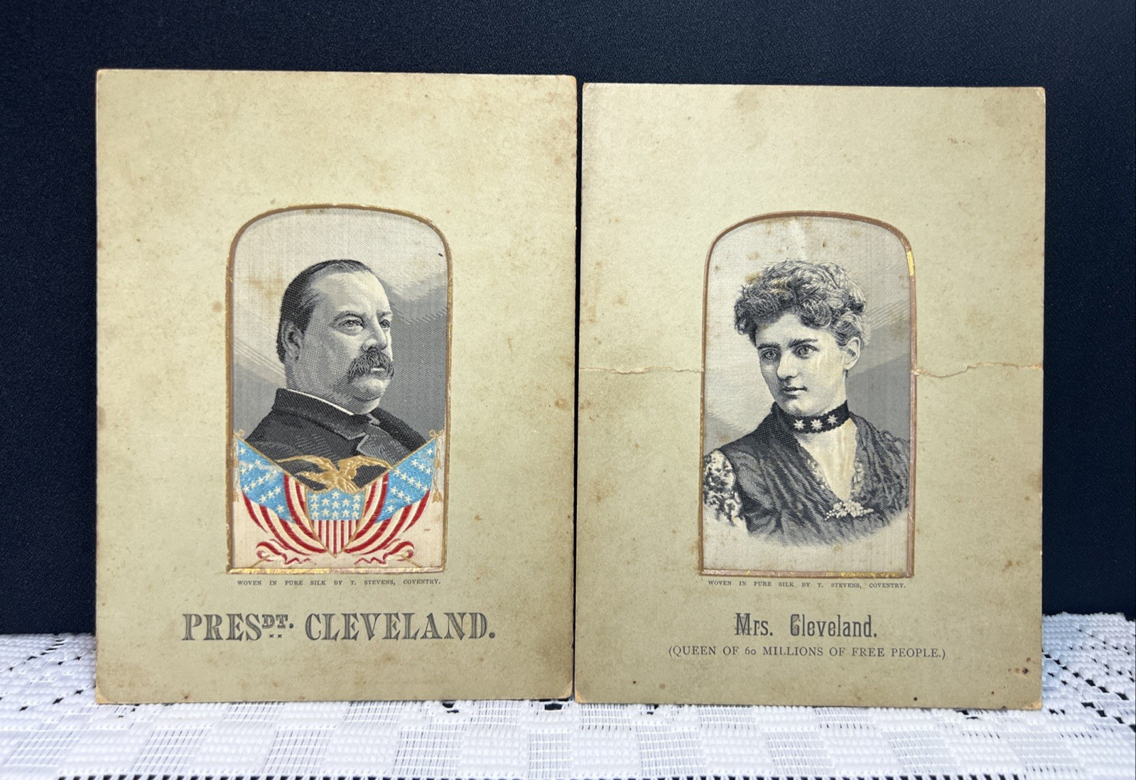 RARE Antique Thomas Stevens Stevengraph Cleveland Mrs Cleveland Silk Pair Cards