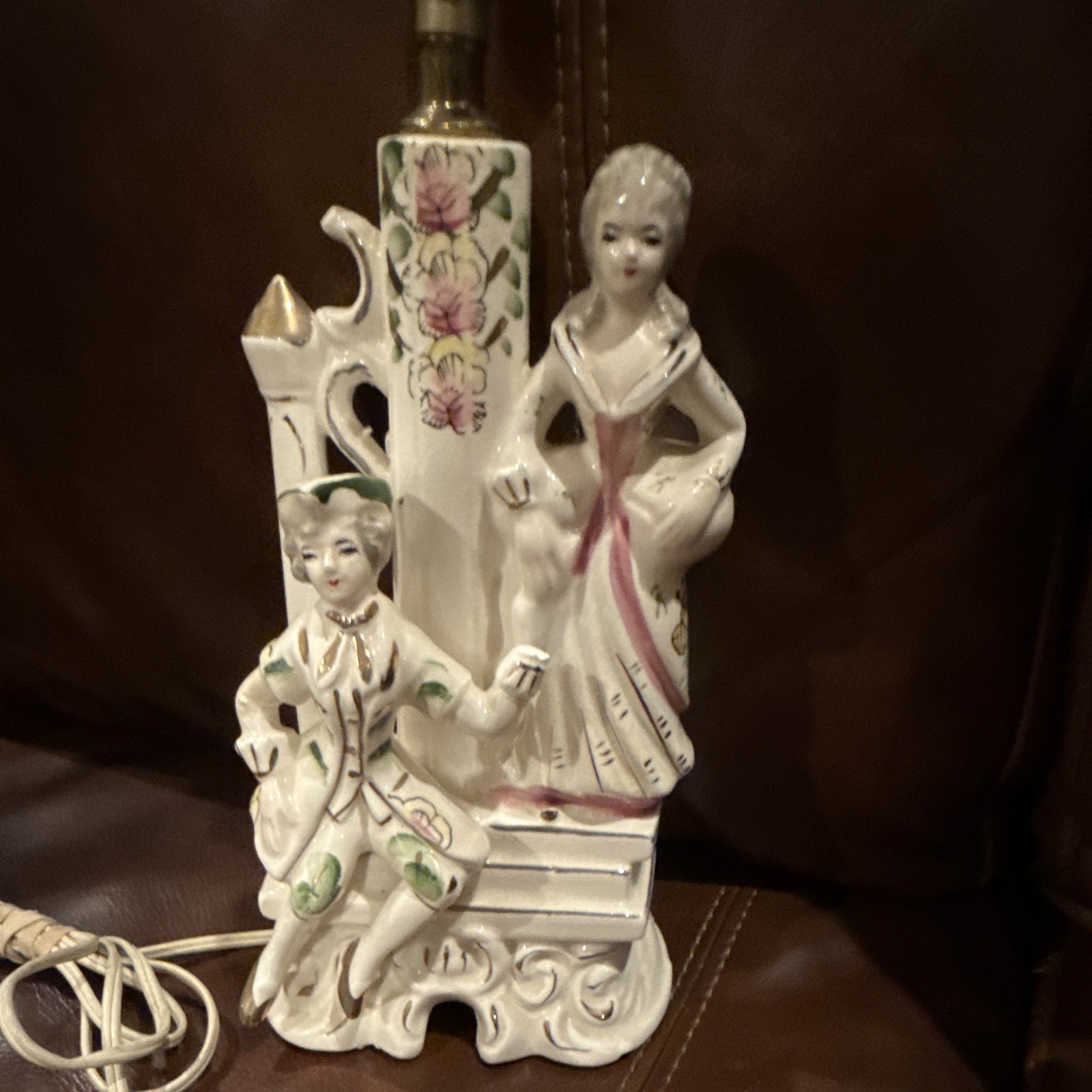 vintage 1950s porcelain figural boudoir lamp depicting Victorian Courting Couple
