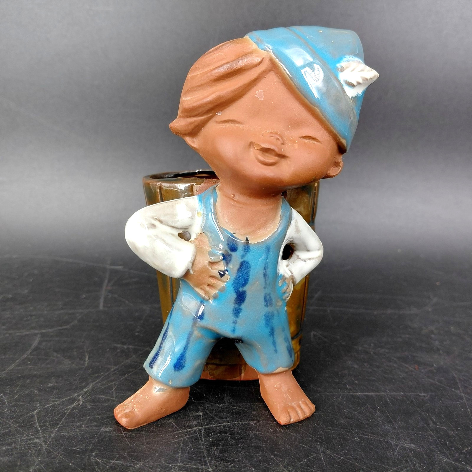 Vintage Japan Figural Boy Planter Brown Barrel Blue Hat Ceramic Art Pottery Felt
