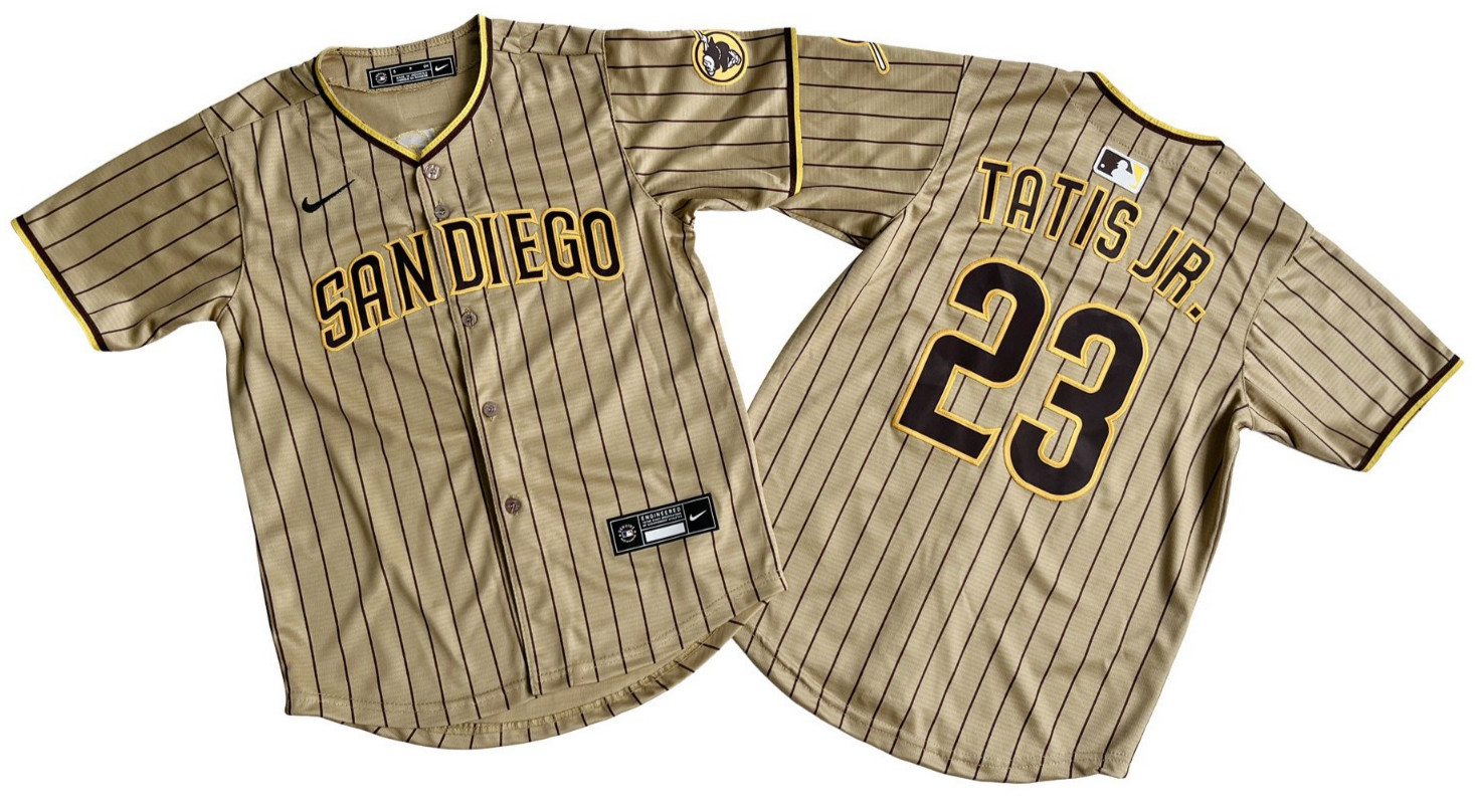 ​​Tariffs​ Free YOUTH'S Padres #23 Fernando Tatis Jr. Tan Cool Base Sewn Jersey