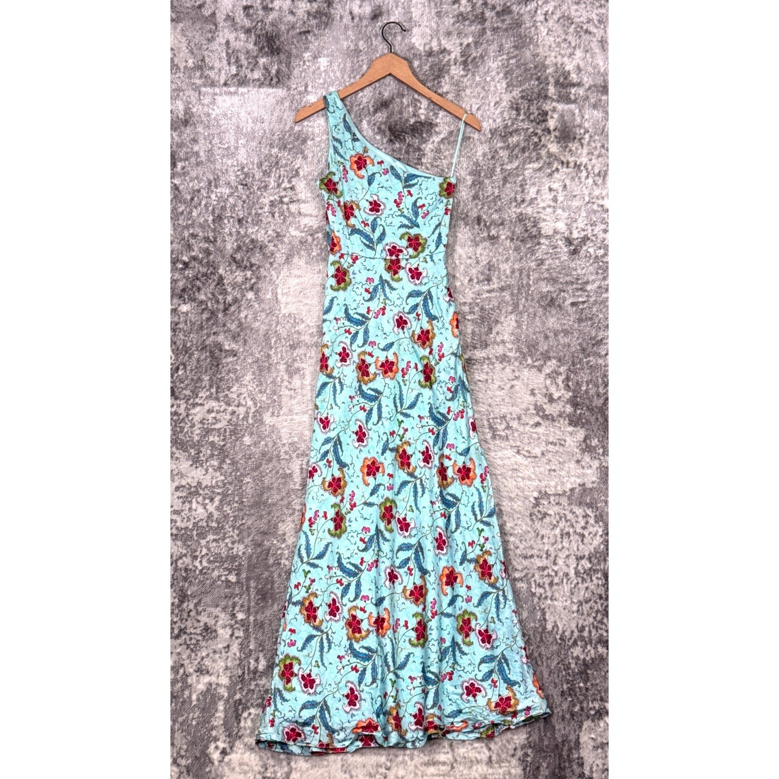 Saloni Dress 0 Womens Justine Midi Delemare Tea Blue Silk Floral One Shoulder
