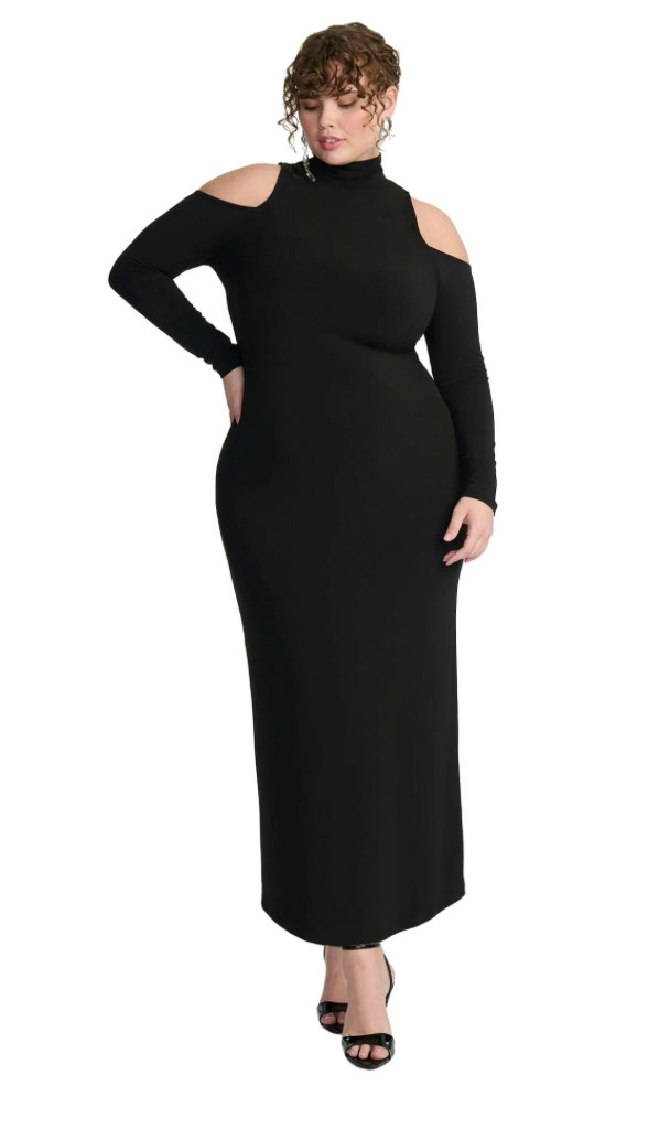 ELOQUII Maxi Dress Mock Neck Shoulder Cutout L/S Bodycon Black Size 16 NEW
