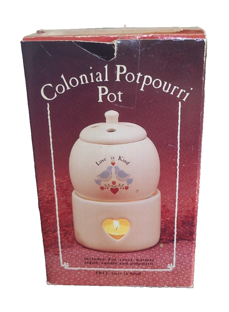 Vtg Colonial Potpourri Pot Love is Kind Candle Country Cottagecore Hearts Birds