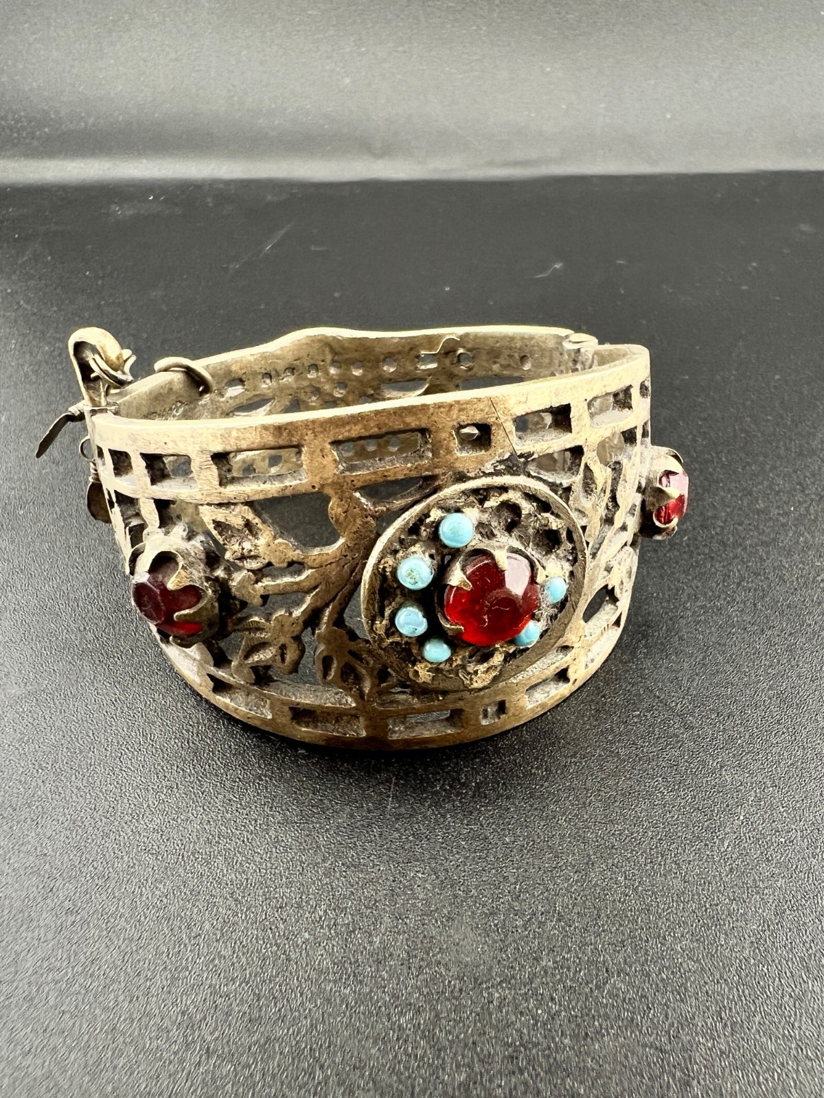 Vintage Tribal White Metal Filigree Cuff Bracelet Red Blue Stone Inlay