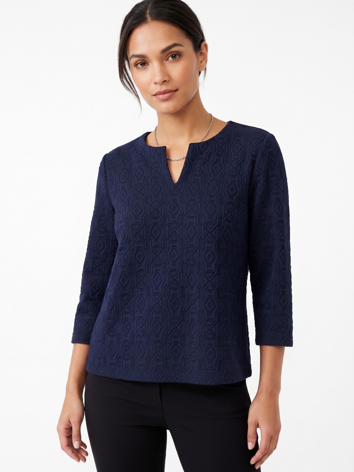 J.McLaughlin Womens Size L Navy Blue Catalina Cloth Textured Split Neck Top
