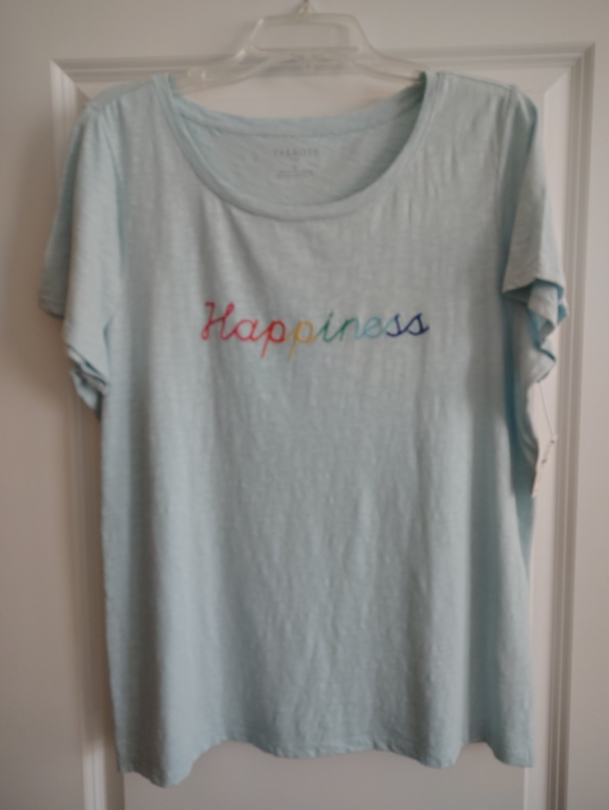 Talbots Light Blue Short  Sleeve Cotton Tee with Embroidered Happiness  1x NWT