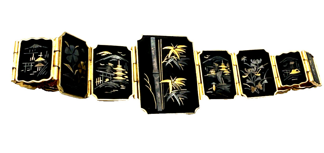 1950s Vintage Amita Damascene 11 Scene Japan Etched Bangle Bracelet FOR REPAIR