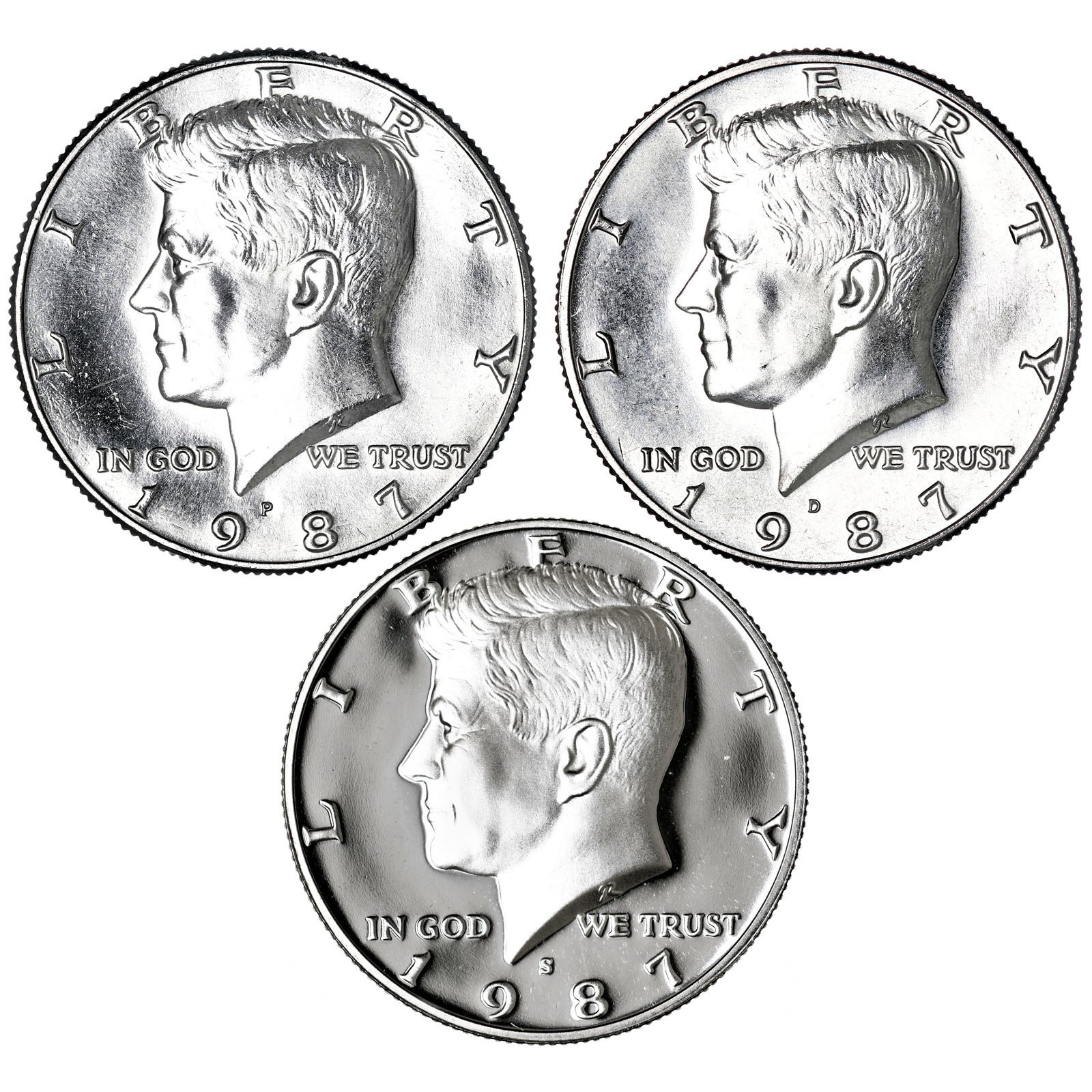 1987 P D S Kennedy Half Dollar Year Set Proof & BU US 3 Coin Lot