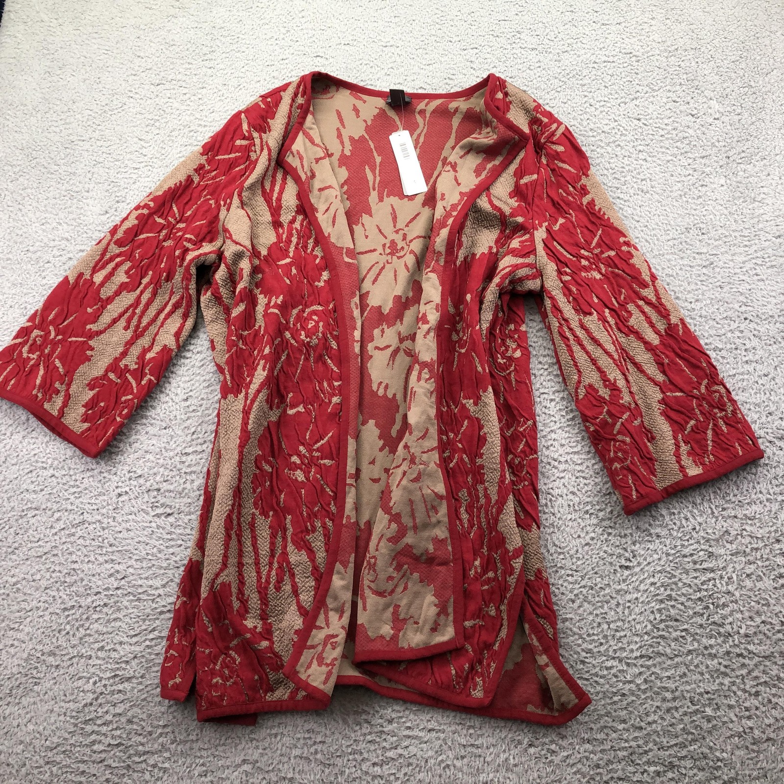 Chico\'s Jacket Womens 3 Red Floral Open Front Travelers Collection 3/4 Sleeve