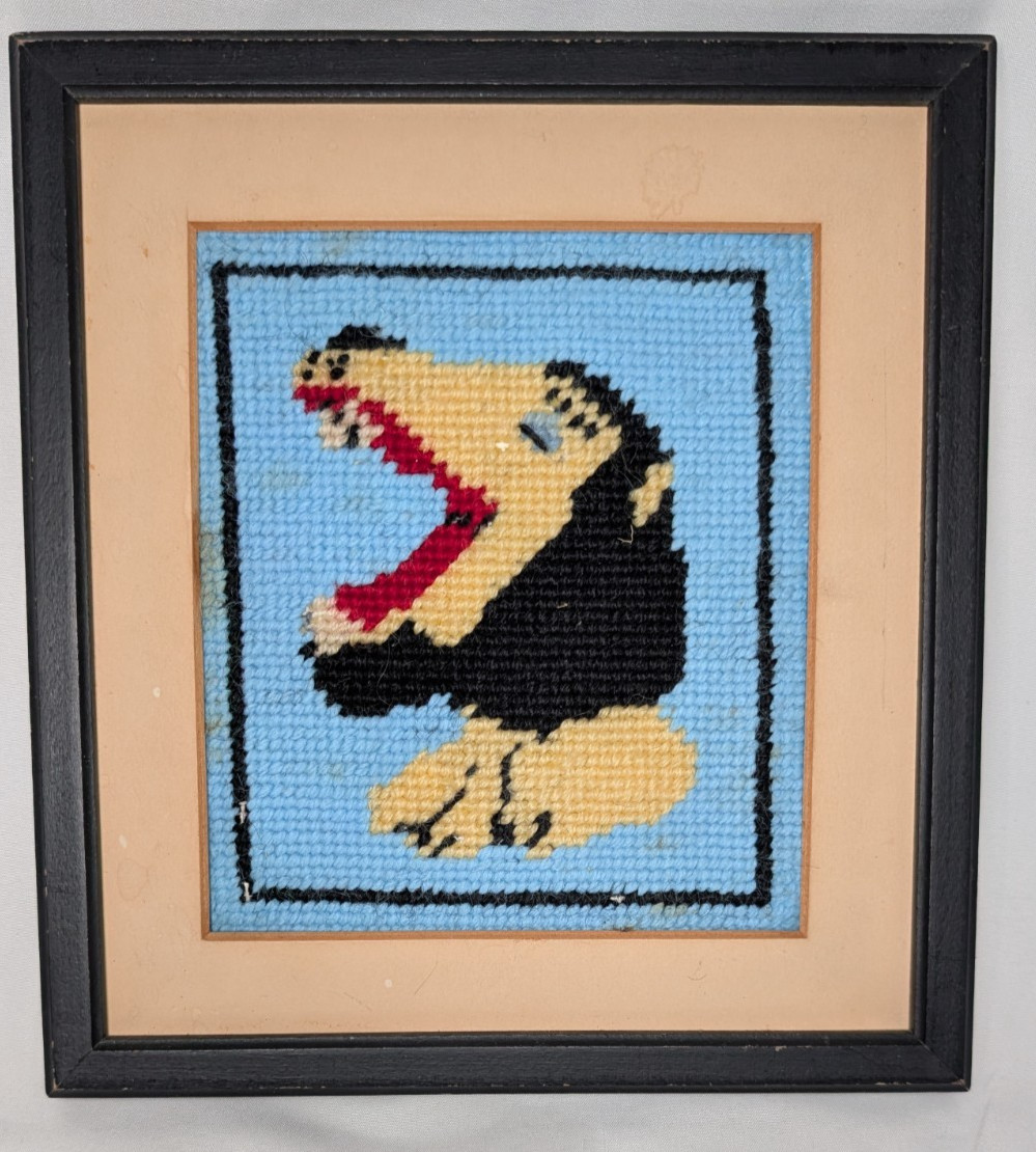 Vintage LION Needlepoint Artwork Cute Cartoon Compact 8x8 Framed Matted