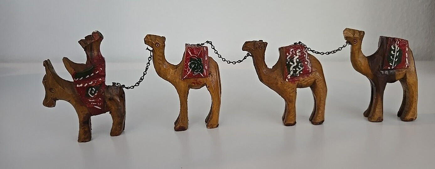 Vintage Hand Carved Painted Wooden Camels With Wise Man Donkey Chain Connected Vintage Hand Carved Painted Wooden Camels With Wise Man Donkey Chain Connected