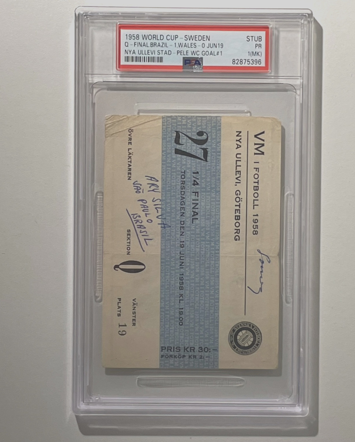 1958 WC SOCCER - PELE 1ST WC GOAL - BRAZIL-WALES- TICKET #27 STUB PSA 1MKð¥ð¥ 1958 WC SOCCER - PELE 1ST WC GOAL - BRAZIL-WALES- TICKET #27 STUB PSA 1MKð¥ð¥