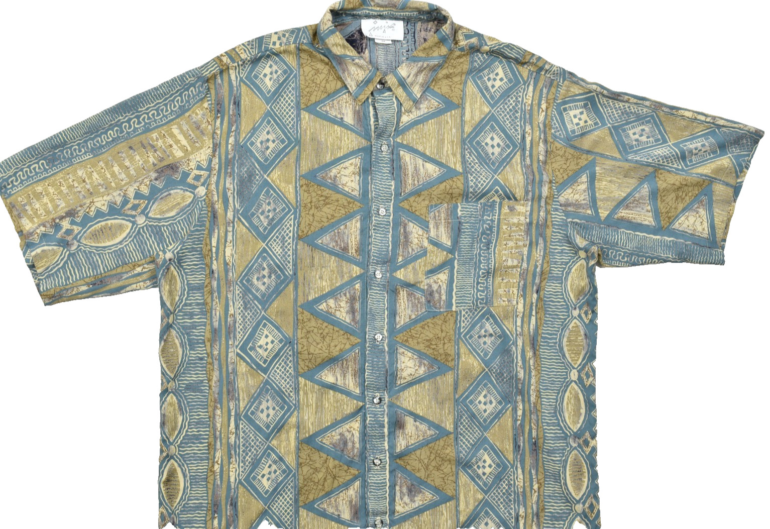 MIX 2XT Vintage Men\'s Short Sleeve Button Down Shirt 100% Rayon Blue Gold Abstra