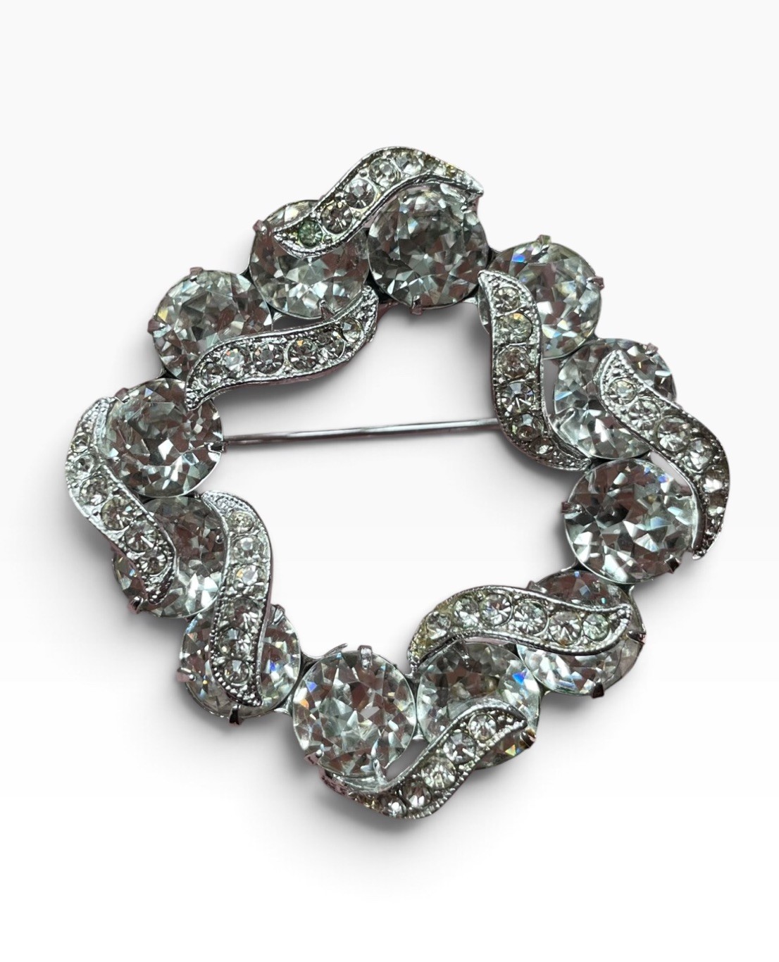 Vintage EISENBERG Clear Rhinestone Wreath Brooch Silver Tone 1950s