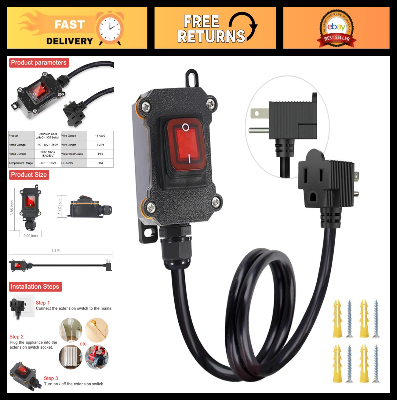Inline Cord Switch with 3.3FT 14AWG Cable, Waterproof 20A AC/DC Power Switch, LE