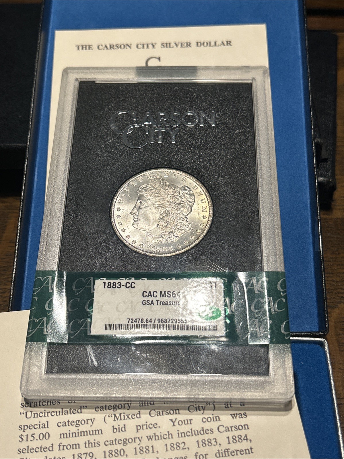 1883-CC $1 Morgan Silver Dollar CACG MS64 GSA Carson City Treasure Box & COA 1883-CC $1 Morgan Silver Dollar CACG MS64 GSA Carson City Treasure Box & COA