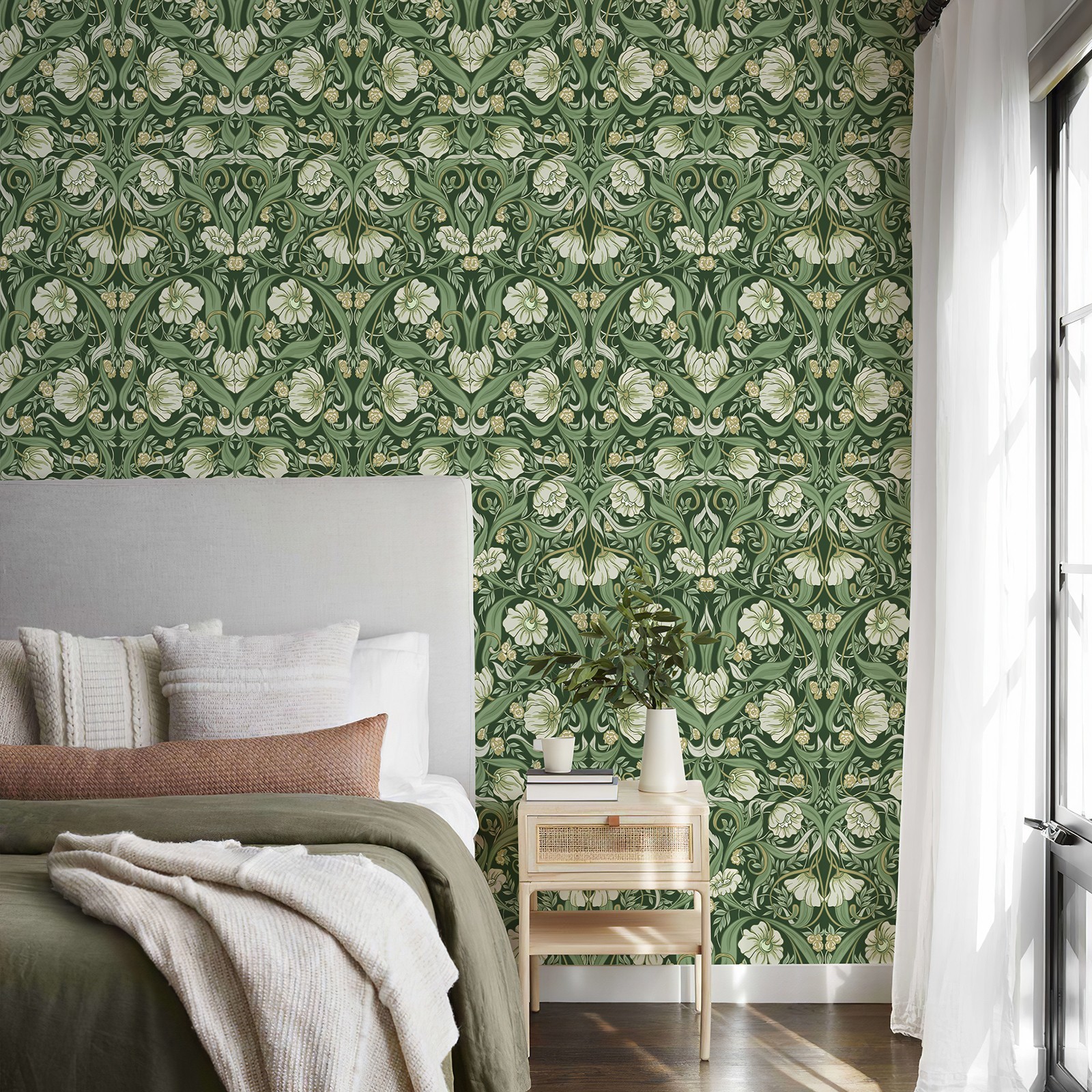 Boho Green Flower Peel and Stick PVC Wallpaper Chic Waterproof Decor 17.3\