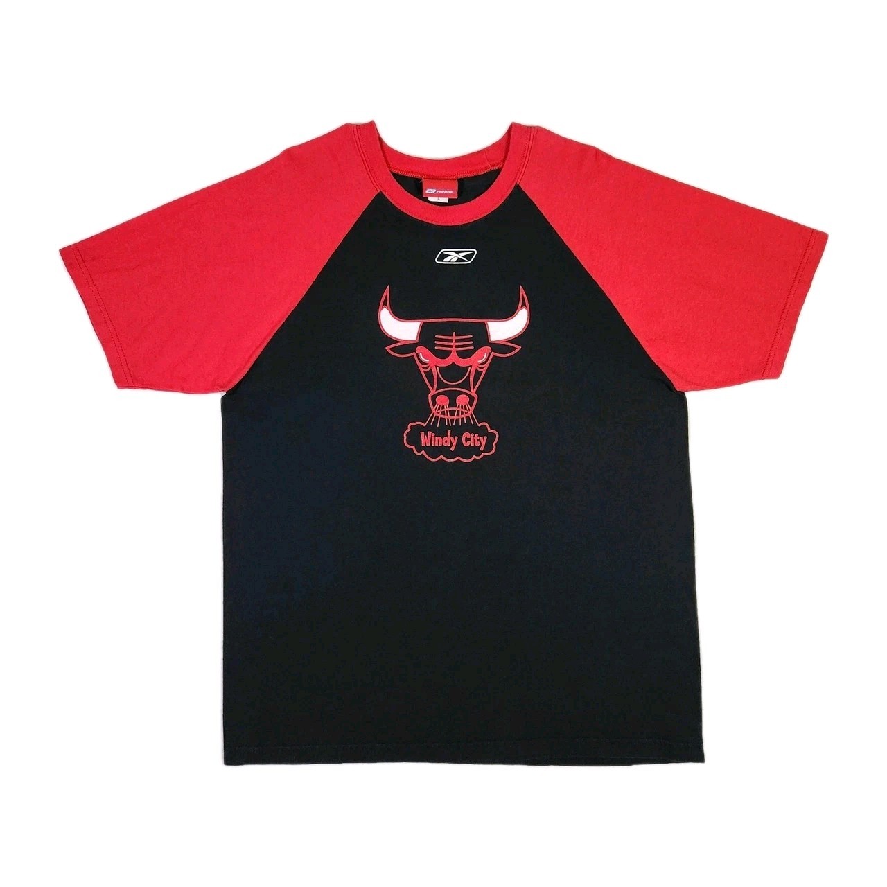 Vintage 90s Chicago Bulls Shirt Large L Reebok Black Red Raglan Windy City NBA