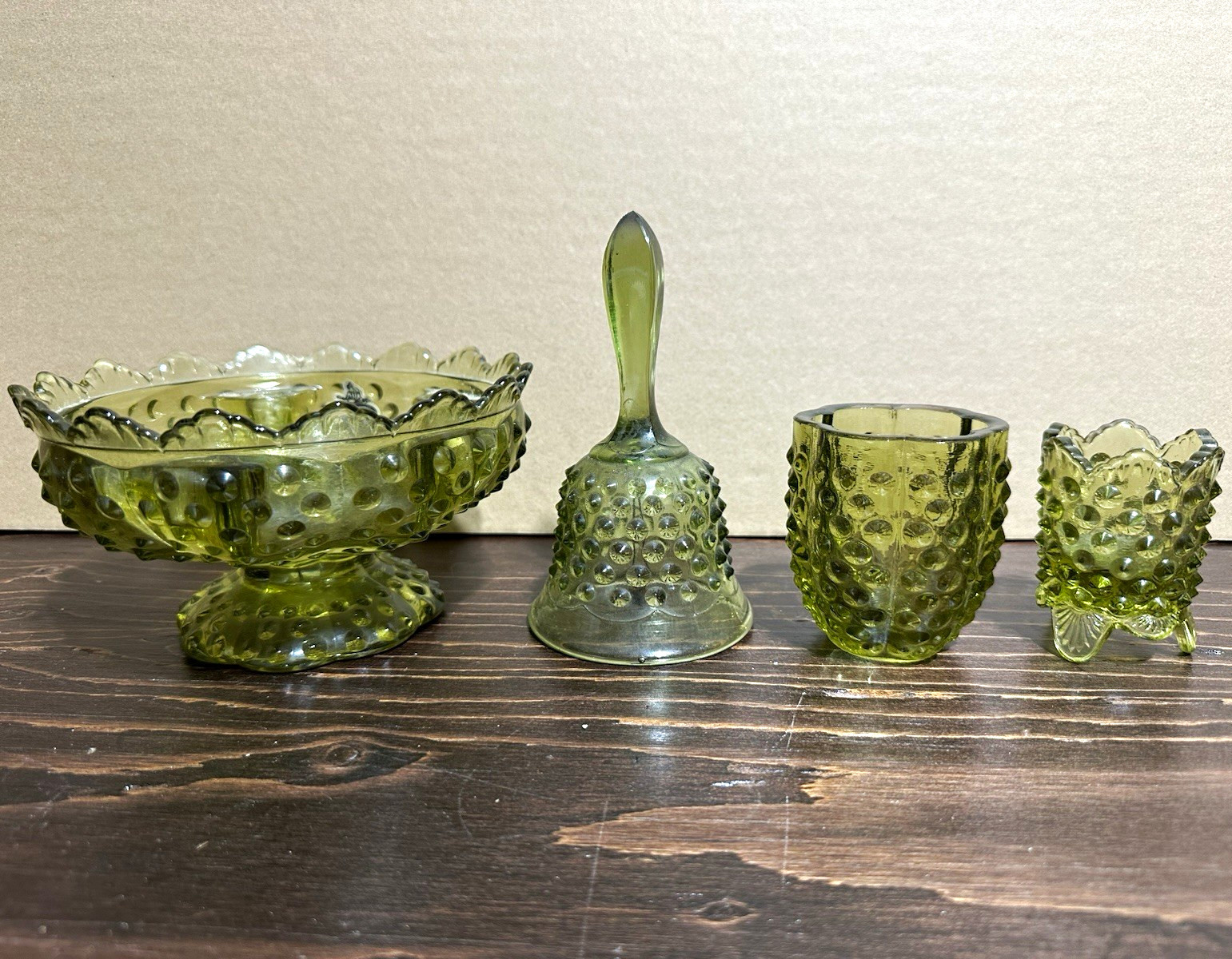 Fenton Green Hobnail Art Glass 4 pieces a Bowl, bell and two other pieces Fenton Green Hobnail Art Glass 4 pieces a Bowl, bell and two other pieces