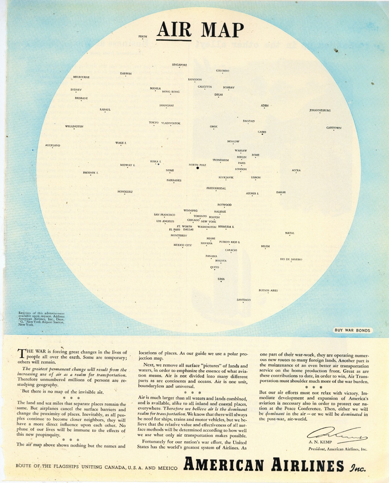 1942 American Airlines Ad: World Airmap at the Beginning of World War Two