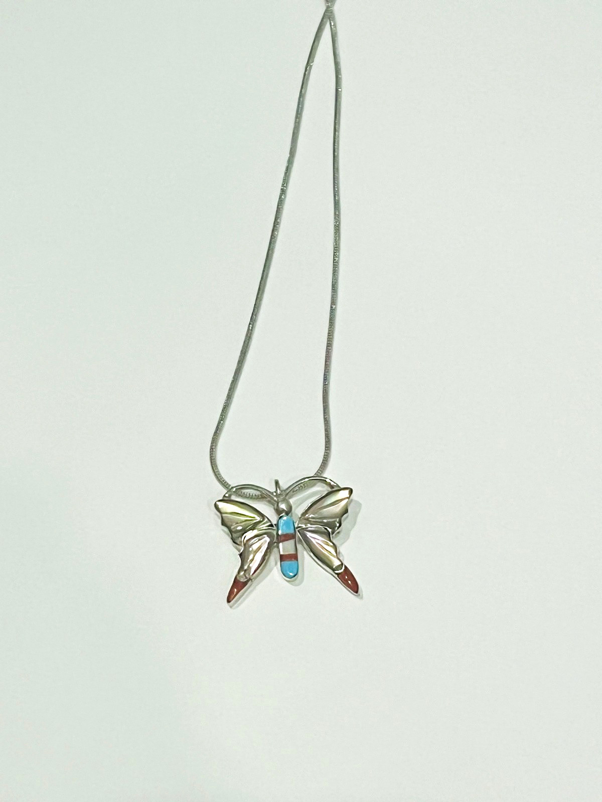 BEAUTIFUL VINTAGE ZUNI INLAY BUTTERFLY PENDANT W/ TURQUOISE, SHELL, & CORAL