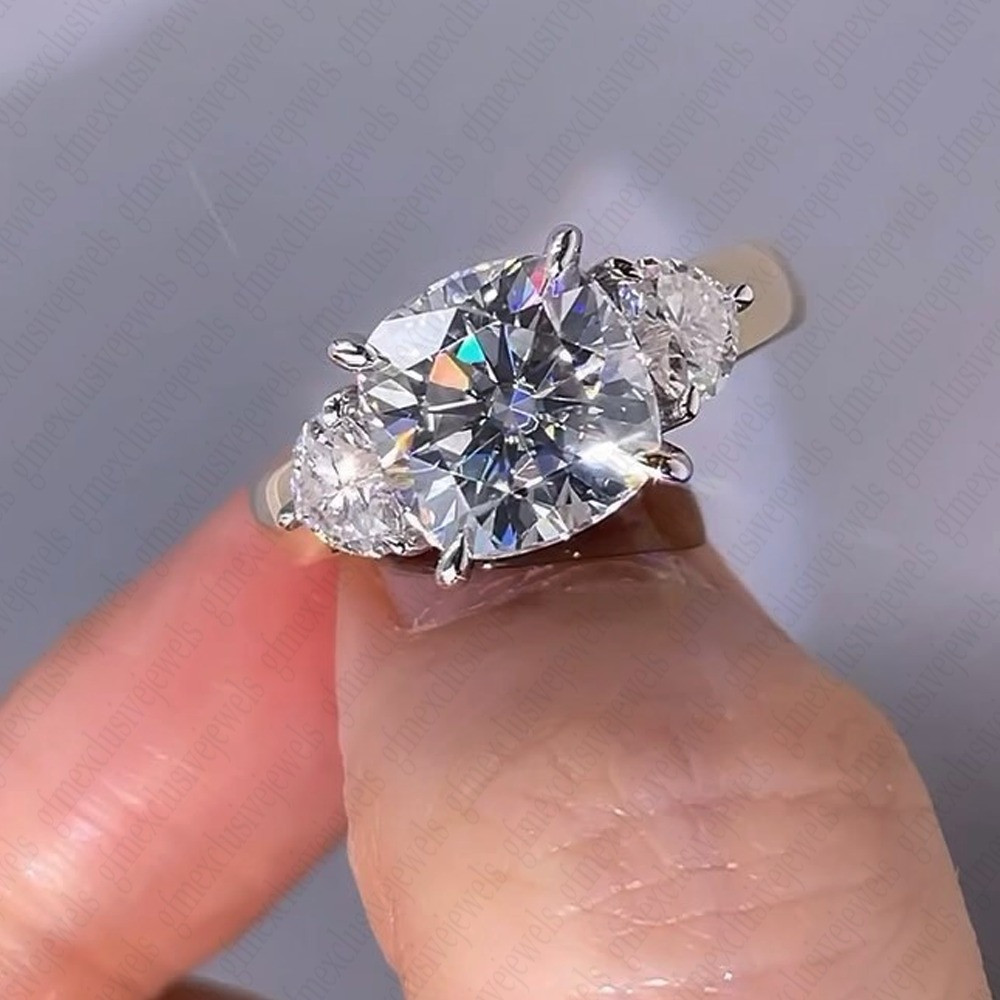 4.25Ctw Cushion & Heart Moissanite 3-Stone Engagement Ring Solid 14K Yellow Gold