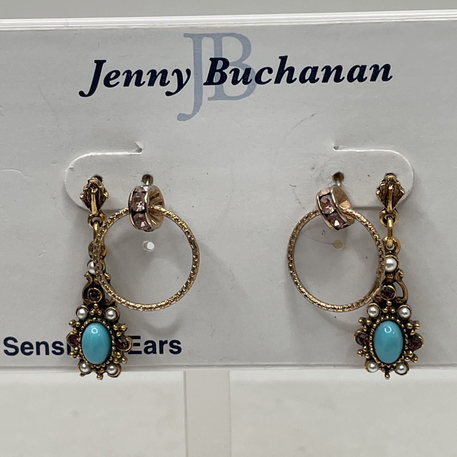 VTG.  Jenny Buchanan ~ Gold Tone Jeweled Turquoise Drop Pierced Hoop