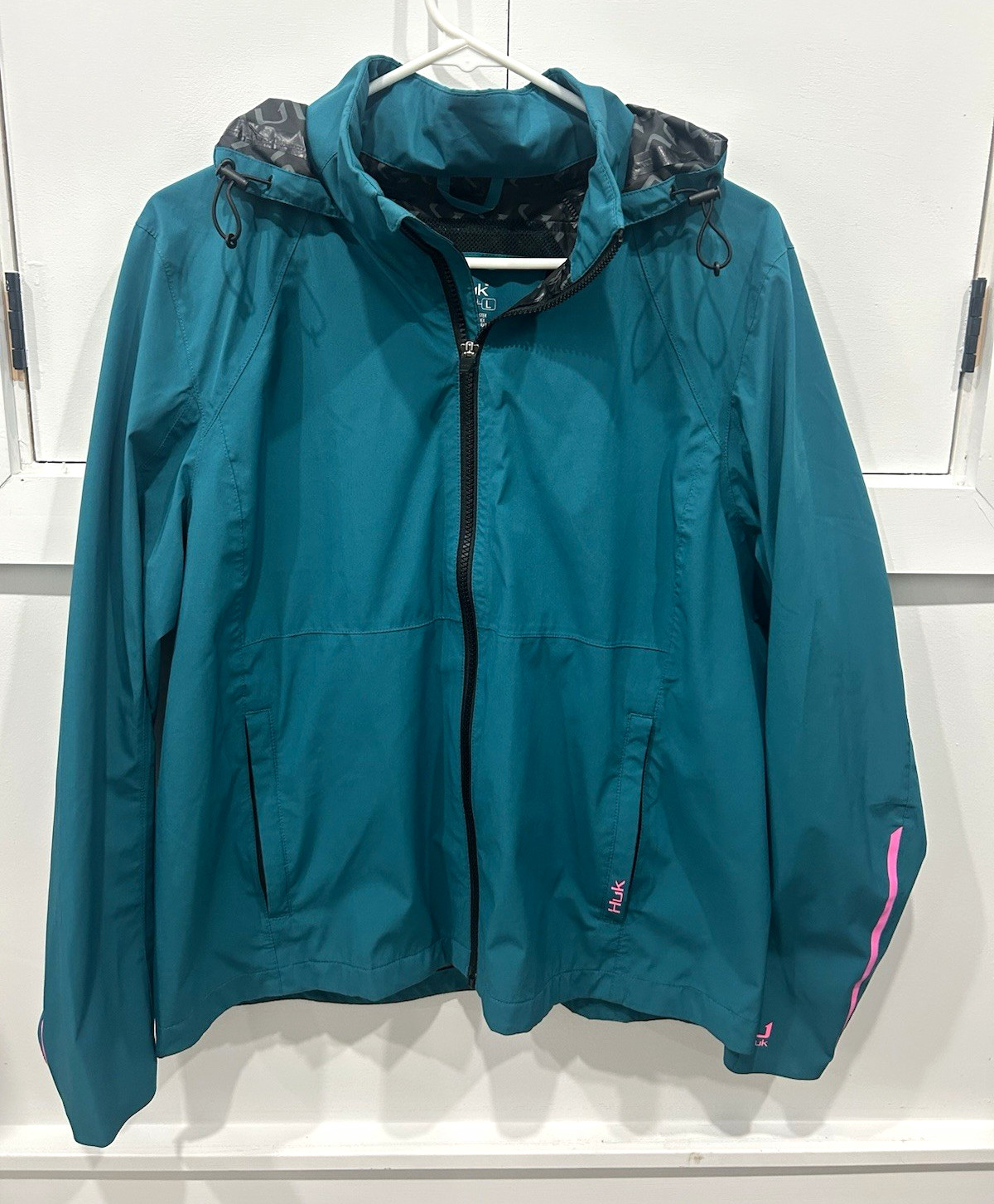 Huk Women\'s Hooded Zip Rain Coat Jacket Teal/Pink Size L Long Sleeve
