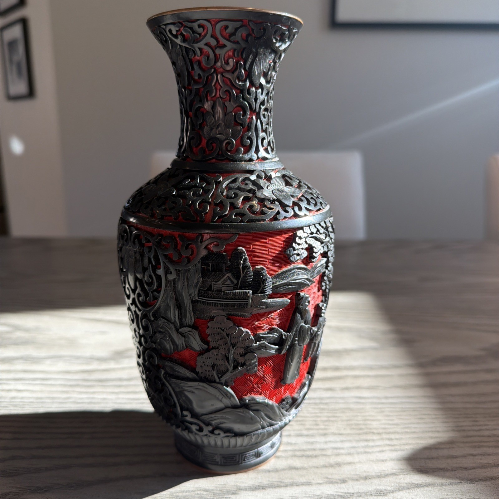 Vintage Chinese Black on Red Cinnebar carved Vase, Blue inside Enamel Vintage Chinese Black on Red Cinnebar carved Vase, Blue inside Enamel