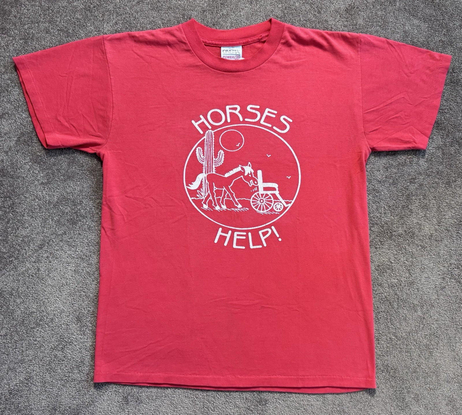VTG ‘Horses Help’ T-shirt Sz M Red Oneita Power 50 Single Stitch Graphic Print VTG ‘Horses Help’ T-shirt Sz M Red Oneita Power 50 Single Stitch Graphic Print