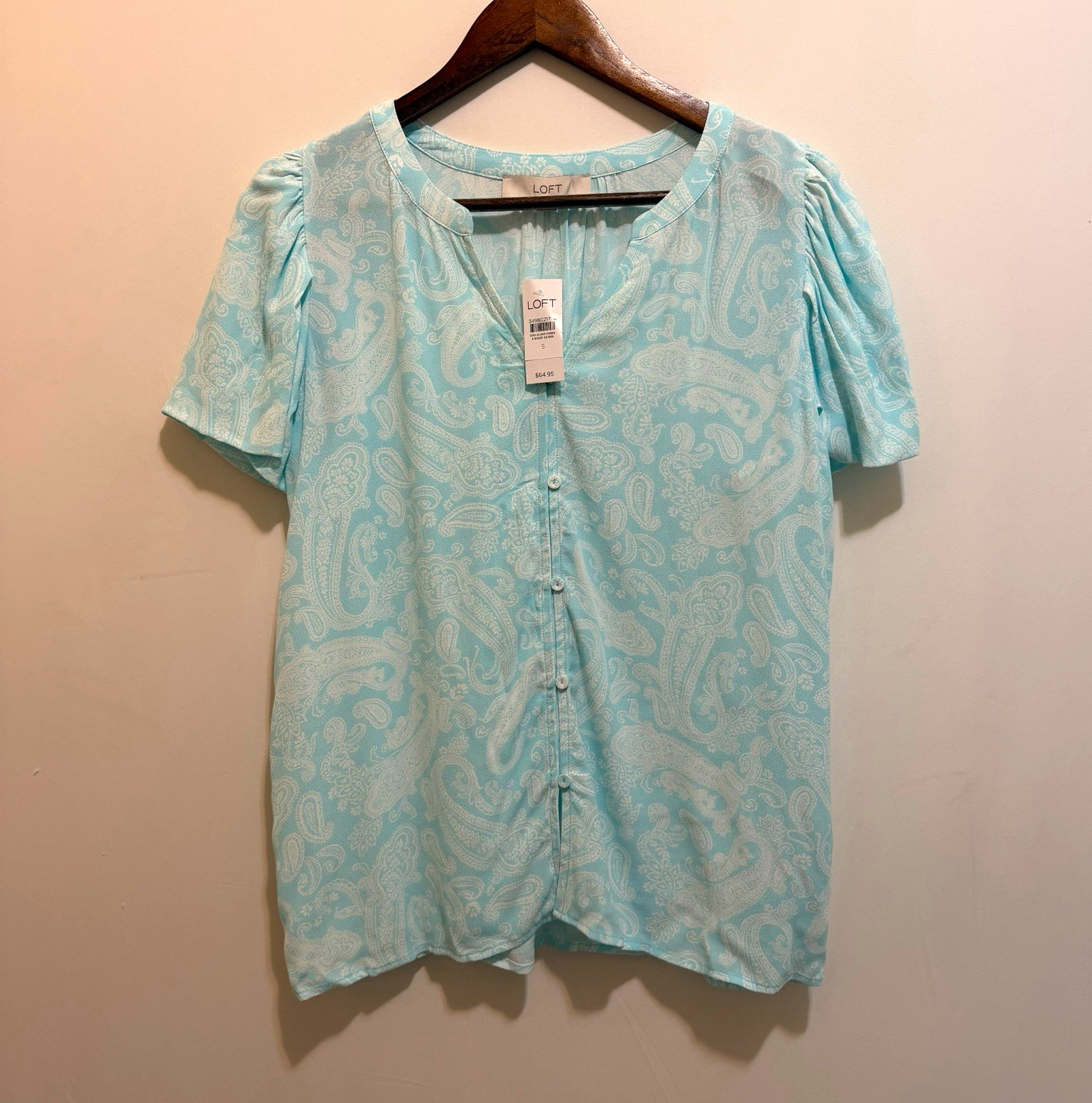 LOFT Women\'s Blue Paisley Button-Front Short Puff Sleeve Rayon Blouse Size S
